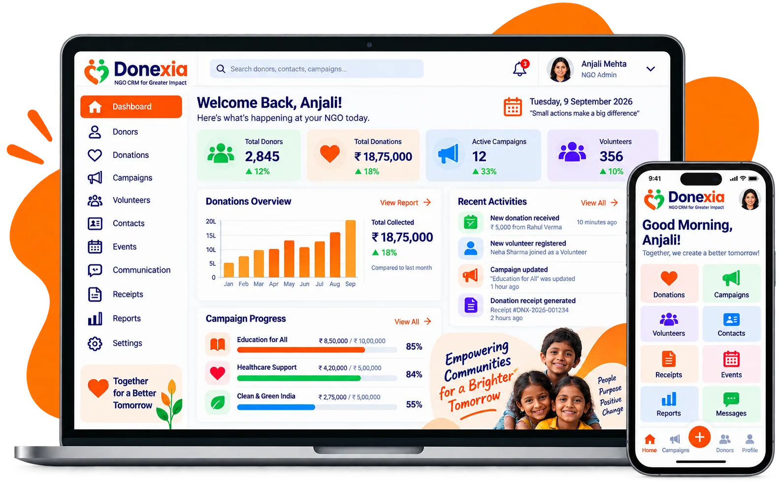 Donexia NGO donation and donor management dashboard on laptop and mobile